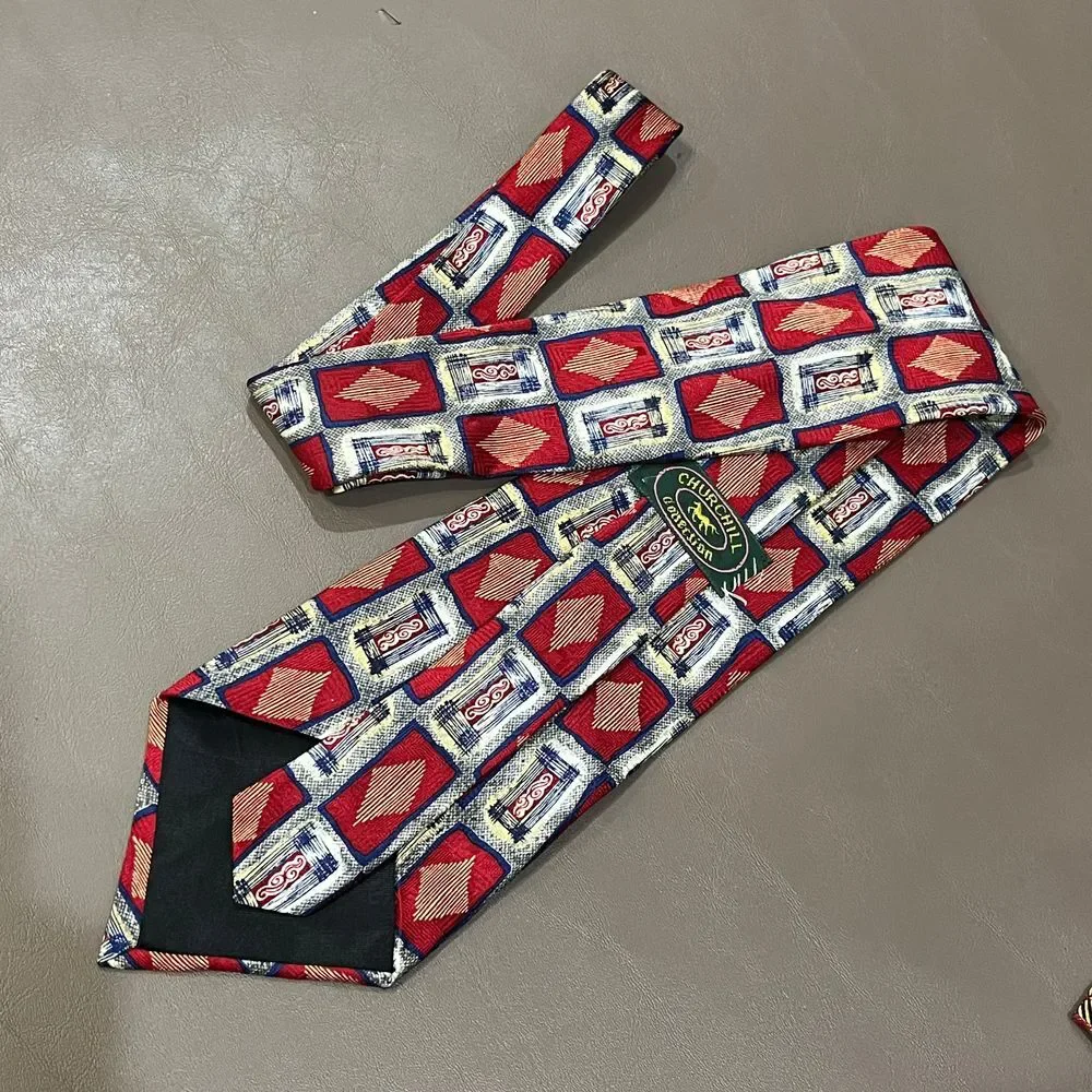 Churchill Collection Vintage Geometric Diamond Pattern Silk Tie‎ Red White Blue